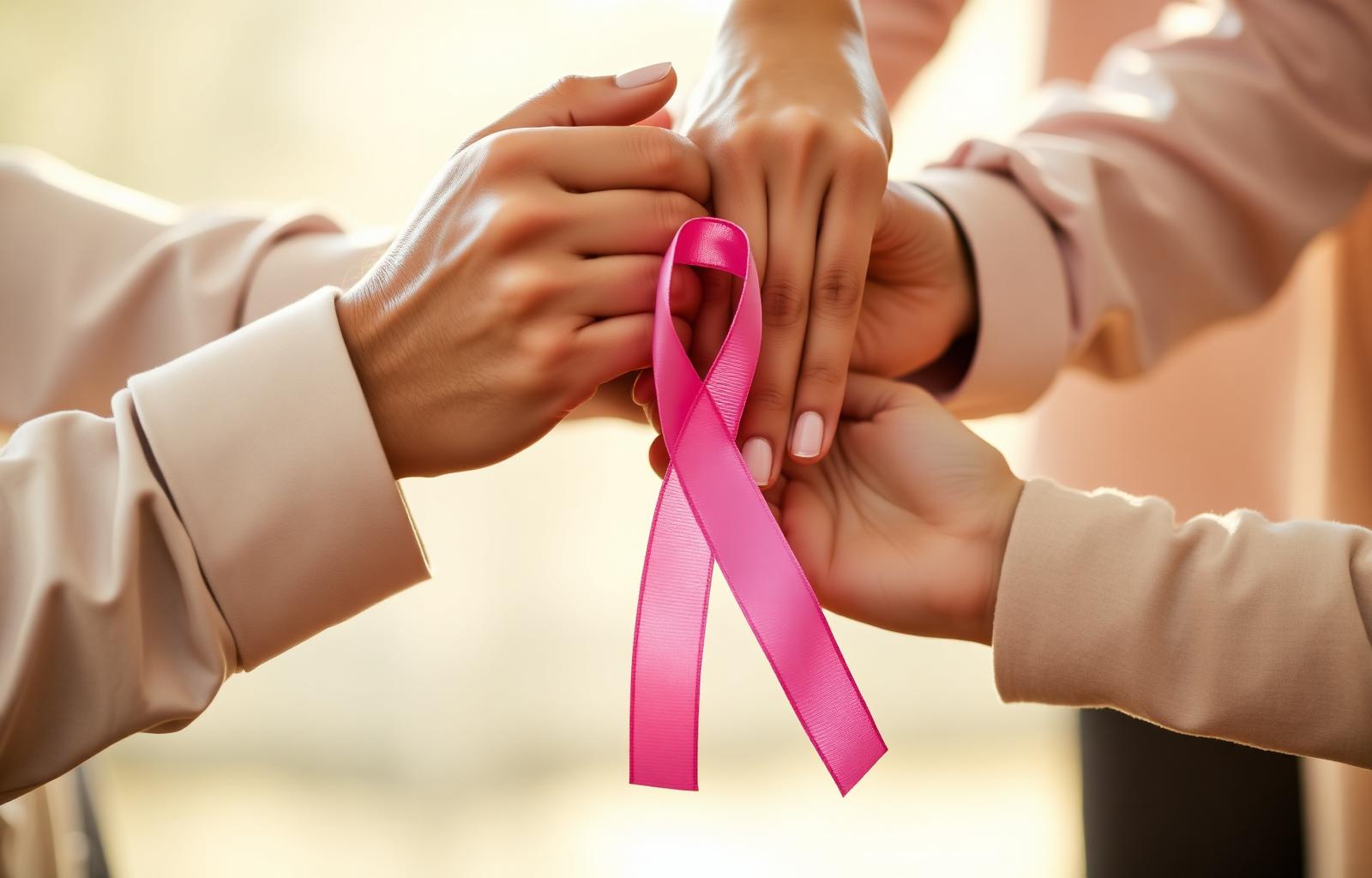 Hands joined together holding a pink cancer awareness ribbon